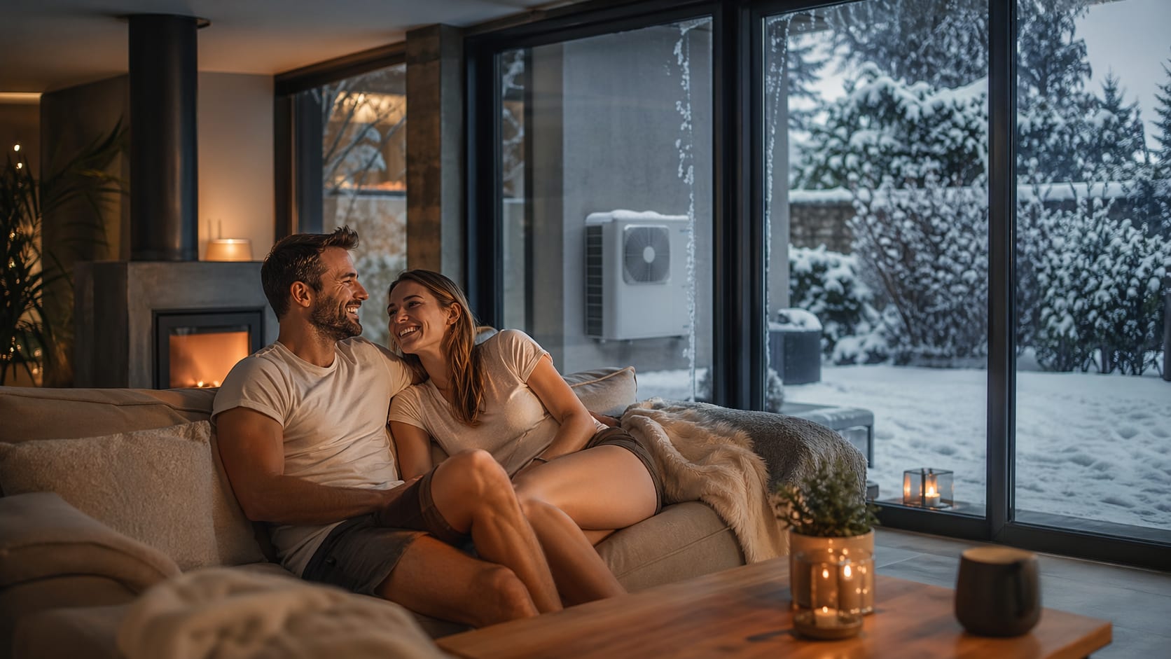 Couple au chaud dans leur maison avec pompe à chaleur, jardin enneigé